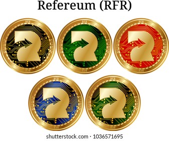 Set of physical golden coin Refereum (RFR), digital cryptocurrency. Refereum (RFR) icon set. Vector illustration isolated on white background.