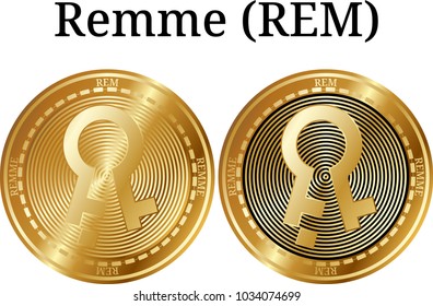 Set of physical golden coin Remme (REM), digital cryptocurrency. Remme (REM) icon set. Vector illustration isolated on white background.