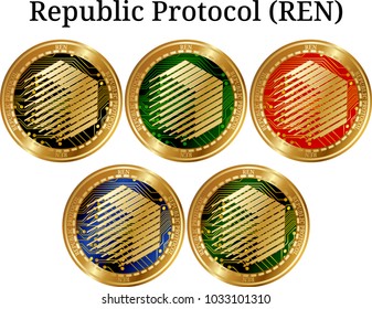 Set of physical golden coin Republic Protocol (REN), digital cryptocurrency. Republic Protocol (REN) icon set. Vector illustration isolated on white background.