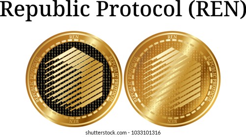 Set of physical golden coin Republic Protocol (REN), digital cryptocurrency. Republic Protocol (REN) icon set. Vector illustration isolated on white background.