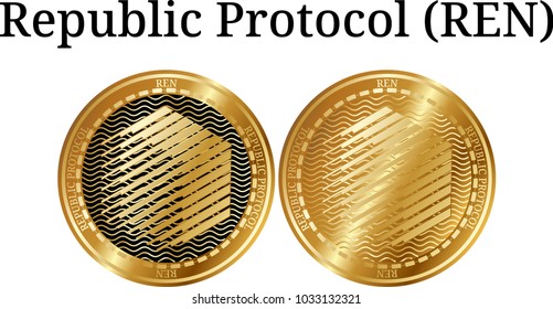 Set of physical golden coin Republic Protocol (REN), digital cryptocurrency. Republic Protocol (REN) icon set. Vector illustration isolated on white background.