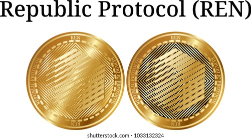 Set of physical golden coin Republic Protocol (REN), digital cryptocurrency. Republic Protocol (REN) icon set. Vector illustration isolated on white background.