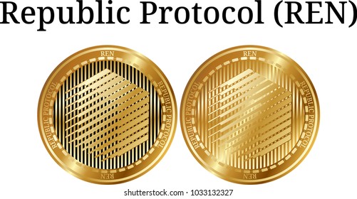 Set of physical golden coin Republic Protocol (REN), digital cryptocurrency. Republic Protocol (REN) icon set. Vector illustration isolated on white background.