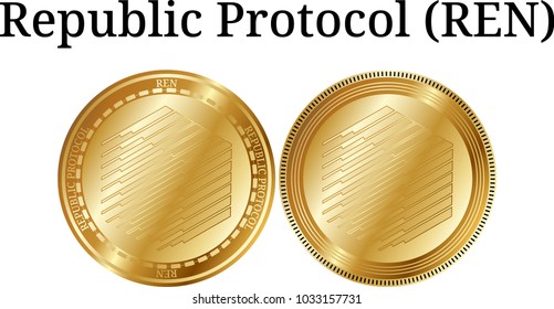 Set of physical golden coin Republic Protocol (REN), digital cryptocurrency. Republic Protocol (REN) icon set. Vector illustration isolated on white background.