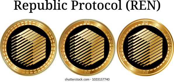 Set of physical golden coin Republic Protocol (REN), digital cryptocurrency. Republic Protocol (REN) icon set. Vector illustration isolated on white background.