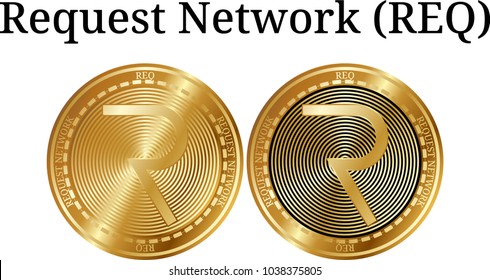 Set of physical golden coin Request Network (REQ), digital cryptocurrency. Request Network (REQ) icon set. Vector illustration isolated on white background.