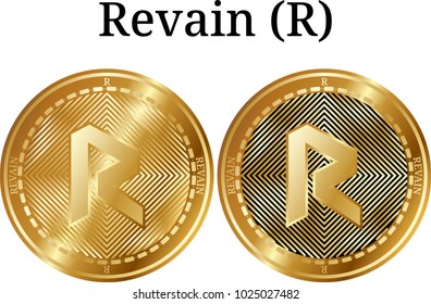 Set of physical golden coin Revain (R), digital cryptocurrency. Revain (R) icon set. Vector illustration isolated on white background.