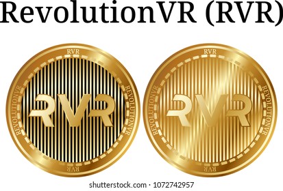 Set of physical golden coin RevolutionVR (RVR), digital cryptocurrency. RevolutionVR (RVR) icon set. Vector illustration isolated on white background.