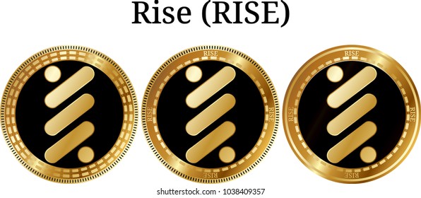 Set of physical golden coin Rise (RISE), digital cryptocurrency. Rise (RISE) icon set. Vector illustration isolated on white background.