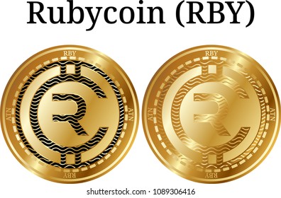 Set of physical golden coin Rubycoin (RBY), digital cryptocurrency. Rubycoin (RBY) icon set. Vector illustration isolated on white background.