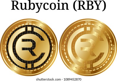 Set of physical golden coin Rubycoin (RBY), digital cryptocurrency. Rubycoin (RBY) icon set. Vector illustration isolated on white background.