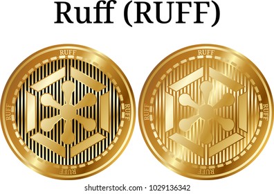 Set of physical golden coin Ruff (RUFF), digital cryptocurrency. Ruff (RUFF) icon set. Vector illustration isolated on white background.