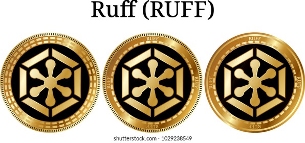 Set of physical golden coin Ruff (RUFF), digital cryptocurrency. Ruff (RUFF) icon set. Vector illustration isolated on white background.