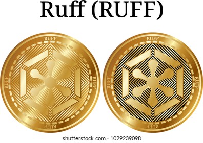 Set of physical golden coin Ruff (RUFF), digital cryptocurrency. Ruff (RUFF) icon set. Vector illustration isolated on white background.