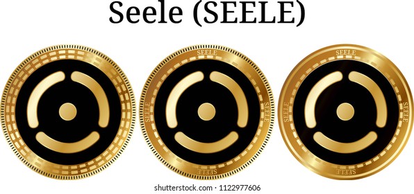Set of physical golden coin Seele (SEELE), digital cryptocurrency.  icon set. Vector illustration isolated on white background.