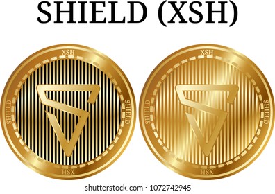 Set of physical golden coin SHIELD (XSH), digital cryptocurrency. SHIELD (XSH) icon set. Vector illustration isolated on white background.