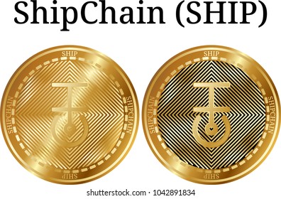 Set of physical golden coin ShipChain (SHIP), digital cryptocurrency. ShipChain (SHIP) icon set. Vector illustration isolated on white background.