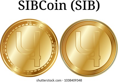 Set of physical golden coin SIBCoin (SIB), digital cryptocurrency. SIBCoin (SIB) icon set. Vector illustration isolated on white background.