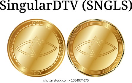 Set of physical golden coin SingularDTV (SNGLS), digital cryptocurrency. SingularDTV (SNGLS) icon set. Vector illustration isolated on white background.