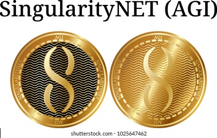 Set of physical golden coin SingularityNET (AGI), digital cryptocurrency. SingularityNET (AGI) icon set. Vector illustration isolated on white background.