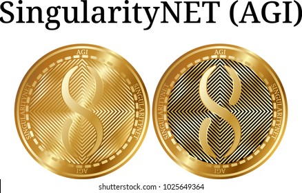 Set of physical golden coin SingularityNET (AGI), digital cryptocurrency. SingularityNET (AGI) icon set. Vector illustration isolated on white background.