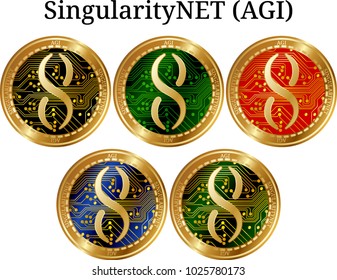 Set of physical golden coin SingularityNET (AGI), digital cryptocurrency. SingularityNET (AGI) icon set. Vector illustration isolated on white background.