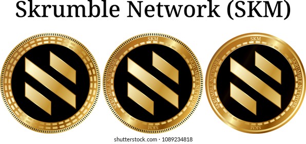 Set of physical golden coin Skrumble Network (SKM), digital cryptocurrency. Skrumble Network (SKM) icon set. Vector illustration isolated on white background.