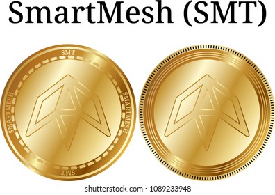 Set of physical golden coin SmartMesh (SMT), digital cryptocurrency. SmartMesh (SMT) icon set. Vector illustration isolated on white background.