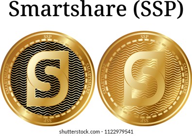 Set of physical golden coin Smartshare (SSP), digital cryptocurrency.  icon set. Vector illustration isolated on white background.