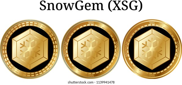 Set of physical golden coin SnowGem (XSG), digital cryptocurrency.  icon set. Vector illustration isolated on white background.