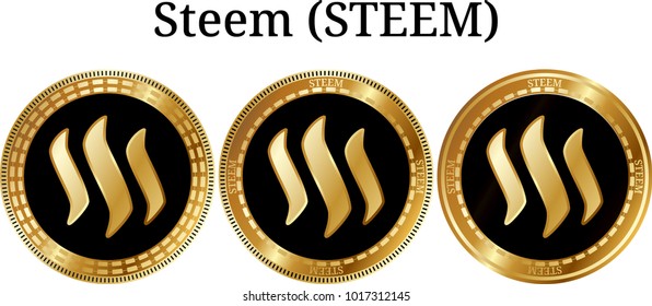 Set of physical golden coin Steem (STEEM), digital cryptocurrency. Steem (STEEM) icon set. Vector illustration isolated on white background.