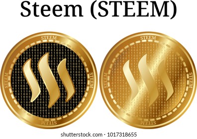 Set of physical golden coin Steem (STEEM), digital cryptocurrency. Steem (STEEM) icon set. Vector illustration isolated on white background.