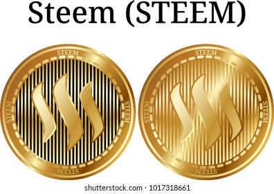 Set of physical golden coin Steem (STEEM), digital cryptocurrency. Steem (STEEM) icon set. Vector illustration isolated on white background.