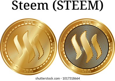 Set of physical golden coin Steem (STEEM), digital cryptocurrency. Steem (STEEM) icon set. Vector illustration isolated on white background.
