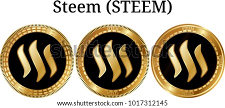 Set of physical golden coin Steem (STEEM), digital cryptocurrency. Steem (STEEM) icon set. Vector illustration isolated on white background.