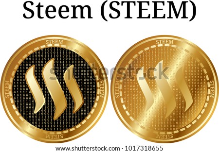 Set of physical golden coin Steem (STEEM), digital cryptocurrency. Steem (STEEM) icon set. Vector illustration isolated on white background.