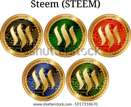 Set of physical golden coin Steem (STEEM), digital cryptocurrency. Steem (STEEM) icon set. Vector illustration isolated on white background.