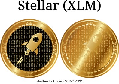 Set of physical golden coin Stellar (XLM), digital cryptocurrency. Stellar (XLM) icon set. Vector illustration isolated on white background.