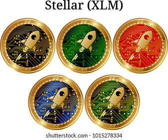 Set of physical golden coin Stellar (XLM), digital cryptocurrency. Stellar (XLM) icon set. Vector illustration isolated on white background.
