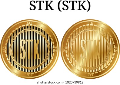 Set of physical golden coin STK (STK), digital cryptocurrency. STK (STK) icon set. Vector illustration isolated on white background.