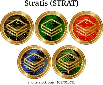 Set of physical golden coin Stratis (STRAT), digital cryptocurrency. Stratis (STRAT) icon set. Vector illustration isolated on white background.