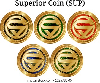 Set of physical golden coin Superior Coin (SUP), digital cryptocurrency. Superior Coin (SUP) icon set. Vector illustration isolated on white background.