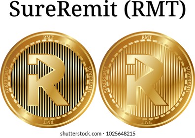 Set of physical golden coin SureRemit (RMT), digital cryptocurrency. SureRemit (RMT) icon set. Vector illustration isolated on white background.