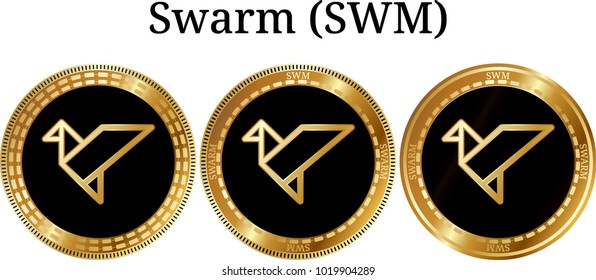 Set of physical golden coin Swarm (SWM), digital cryptocurrency. Swarm (SWM) icon set. Vector illustration isolated on white background.