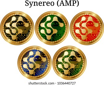Set of physical golden coin Synereo (AMP), digital cryptocurrency. Synereo (AMP) icon set. Vector illustration isolated on white background.