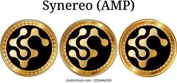 Set of physical golden coin Synereo (AMP), digital cryptocurrency. Synereo (AMP) icon set. Vector illustration isolated on white background.