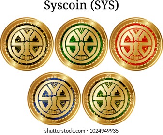 Set of physical golden coin Syscoin (SYS)2, digital cryptocurrency. Syscoin (SYS)2 icon set. Vector illustration isolated on white background.