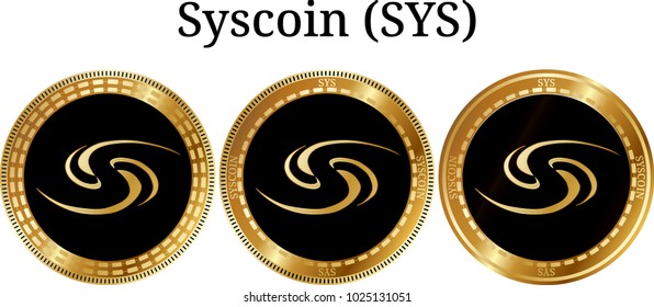 Set of physical golden coin Syscoin (SYS), digital cryptocurrency. Syscoin (SYS) icon set. Vector illustration isolated on white background.