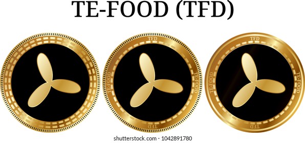 Set of physical golden coin TE-FOOD (TFD), digital cryptocurrency. TE-FOOD (TFD) icon set. Vector illustration isolated on white background.