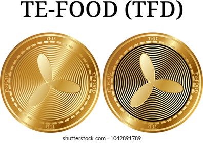 Set of physical golden coin TE-FOOD (TFD), digital cryptocurrency. TE-FOOD (TFD) icon set. Vector illustration isolated on white background.